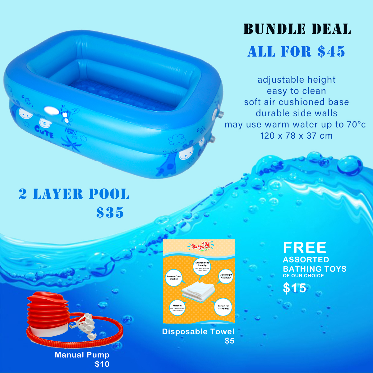 BabySPA Home Spa 2 Layer Pool (120 x 78 x 37cm) BUNDLE A (Pool + Air Pump + Disposable Towel) 